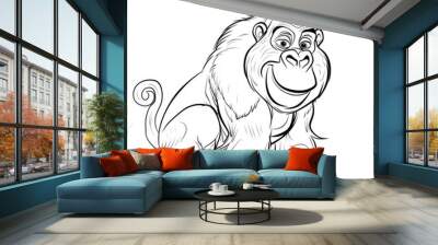 Cartoon gorilla, outlined for coloring, on a white background. Wall mural