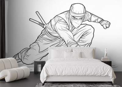 Cartoon ninja crouching low, outlined for coloring, on a white background. Wall mural