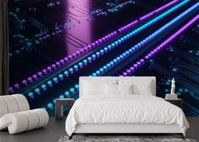 Futuristic circuit board pattern with glowing neon dots in various shades of blue and purple, scattered across the dark background, creating a digital network effect, 3D isometric view, ultra-detailed Wall mural