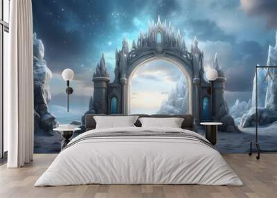 Magical portal on winter landscape, fairy tale background with ice crystal door, mirror or gate with fantasy castle, snowy landscape with glowing entrance on rock under cloudy gray sky 3d illustration Wall mural