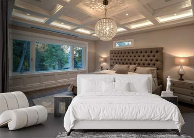 Sleek bedroom with coffered ceiling and pendant lighting Wall mural