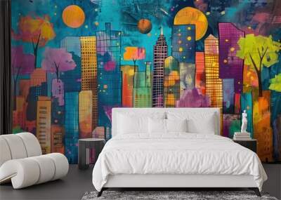 Vibrant cityscape alive with playful colors, inviting peaceful urban living Wall mural