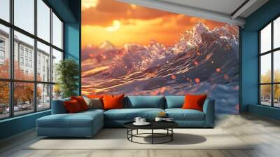 Dynamic foamy ocean waves rolling up sunset vibrant colors seascape close up Wall mural