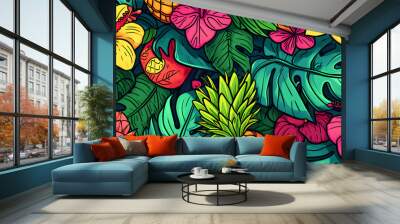 Vibrant tropical floral and fruit pattern with a rich color palette. Wall mural