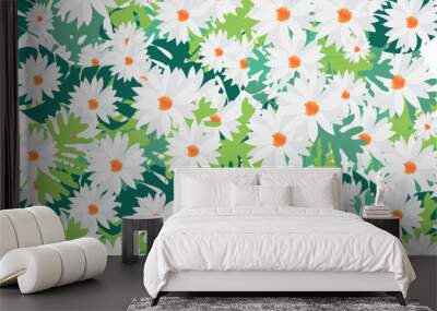 Flowers pattern background design; daisy with green leaves as summer garden Wall mural