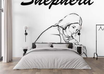 Jesus holding a lamb in his arms drawing line art illustration with word Good Shepherd; Christianity art of faith hope and love. Wall mural