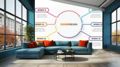 Thin line flat element design for infographic. Business concept with 6 steps, options, processes. Vector template.  Wall mural