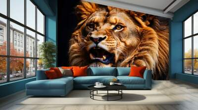 Ai generated, Lion king face angry roaring wild animal photography illustration. Wall mural