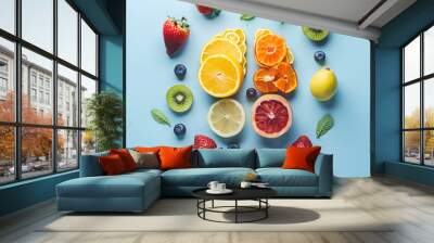 Fresh fruits and berries on a blue background.generative ai Wall mural