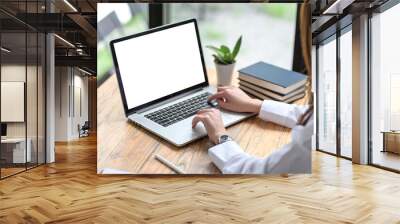 close up. woman hand using and typing on laptop blank white screen in office. mock up. Wall mural