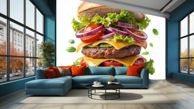 delicious burger with floating  white isolated background Wall mural