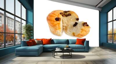 Bread mixed with raisins and caramel almonds on white background. Wall mural