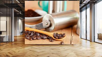 coffee maker tool and moka pot on wood table. Wall mural