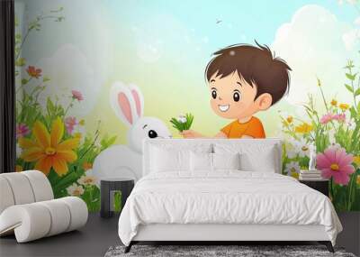 A cartoon child feeding a rabbit in the garden, with plenty of space for copy in the flowers. Wall mural