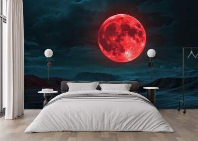 A glowing blood moon illuminating the night, with open copy space for message or branding. No people, surreal and captivating view Wall mural