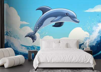 A happy cartoon dolphin jumping through waves with room for text in the sky Wall mural