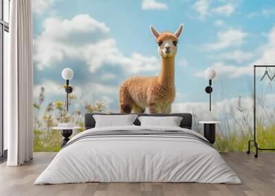 An adorable baby alpaca standing in a sunny meadow, with ample copy space in the background sky Wall mural