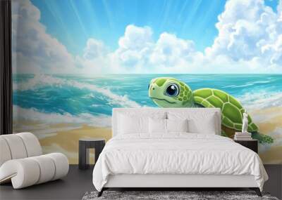 Cartoon baby turtle crawling toward the ocean with ample room for writing in the sky Wall mural