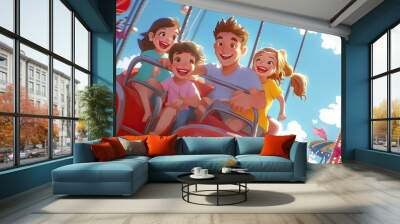 Cartoon family at an amusement park, enjoying rides together, with room for celebratory messages Wall mural