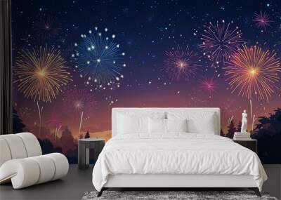 Cartoon fireworks explode in a European night sky, celebrating a festival with ample room for text Wall mural