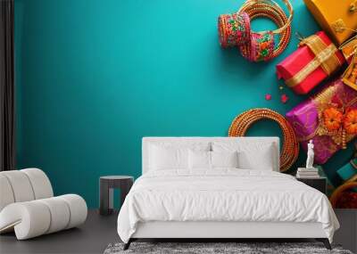 Festive colored bangles and small gifts laid on vibrant background, ample copy space for Children Day text Wall mural