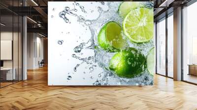 Freshly squeezed lime juice splashing into water, top view. Copy space on the left for your message. Wall mural