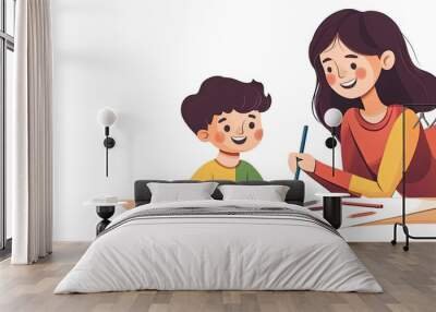 Mother and child cartoon characters drawing and coloring together, with space for text. Wall mural