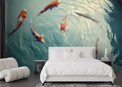 Serene 3D Koi fish swimming in a perfect circle on a clean backdrop, captured from above with open space for text. Wall mural