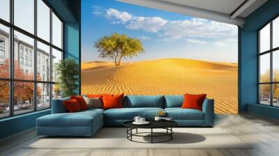 Serene desert oasis surrounded by towering sand dunes, perfect for copy space. No people Wall mural