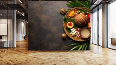 Top view of a decorated coconut, betel leaves, and kumkum arranged on a pooja thali with space for religious or cultural text Wall mural