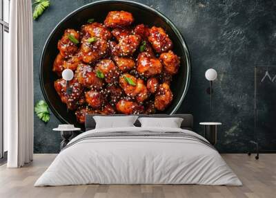 Top view of a delicious serving of Korean sweet and spicy chicken, yangnyeom tongdak. Copy space. Wall mural