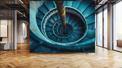 Top view of a spiral staircase, focusing on the steps and central pole, with lots of copy space Wall mural