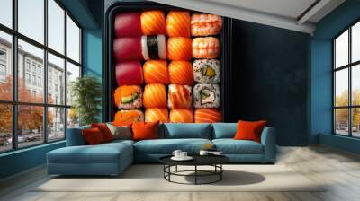 Top view of a vibrant sushi platter with various nigiri and maki rolls, with space for a message. Wall mural