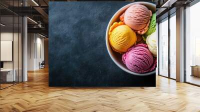 Top view of colorful ice cream in a bowl, arranged beautifully with space for text Wall mural