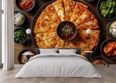 Top view of kimchi pancakes with dipping sauce, surrounded by small dishes of banchan. Copy space. Wall mural