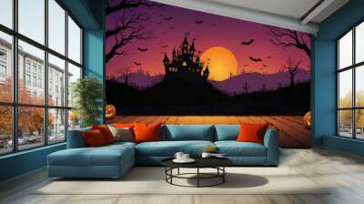 A pumpkin patch with a haunted castle and the moon, on the cover of Halloween themed book. Wall mural