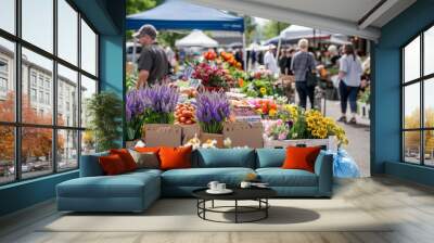 A bustling farmer's market with vendors selling fresh produce and flowers Wall mural