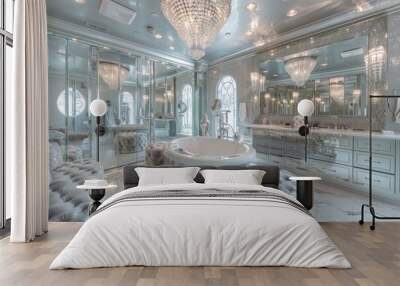 A chic and glamorous Hollywood-inspired bathroom with mirrored surfaces, crystal chandeliers Wall mural