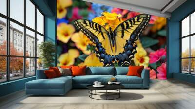 A close-up of a vibrant butterfly resting on a bed of exotic flowers Wall mural