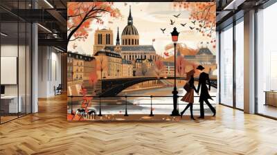 A romantic Parisian scene with iconic landmarks and couples strolling along the Seine Wall mural