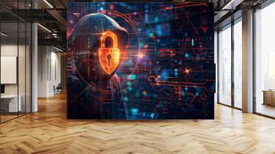 An abstract digital background with a hooded figure and a glowing padlock, highlighting the concept of cyber security Wall mural