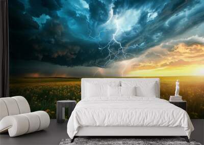 Dramatic Lightning Strike Over a Field of Yellow Flowers Wall mural