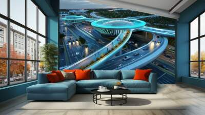 Futuristic Highway Interchange with Illuminated Overpasses Wall mural