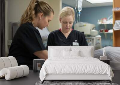 Two Nurses Working Together in a Hospital Room Wall mural