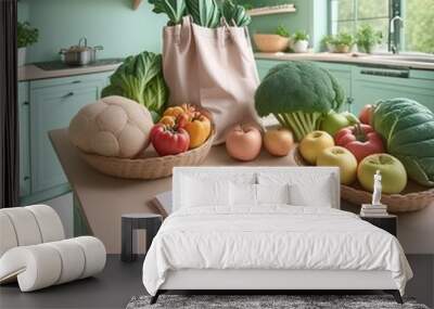 A kitchen table with a grocery list, fresh produce, and reusable shopping bags. Wall mural