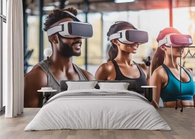 futuristic virtual reality fitness session with participants wearing VR Wall mural