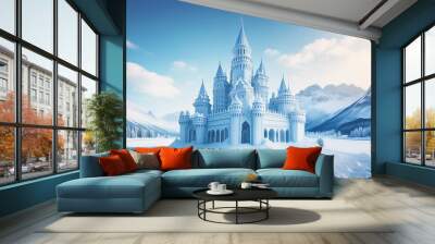 Ice Kingdom - A magnificent ice palace surrounded by snowy mountains and frosty landscapes. Wall mural