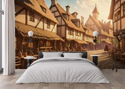 Medieval Village - A quaint, cobblestone village with thatched-roof houses. Wall mural