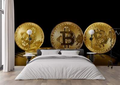 Close up of gold bitcoin on black background with selective focus Wall mural