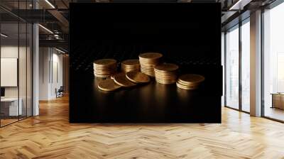 stacks of gold coin on black background concept saving money Wall mural